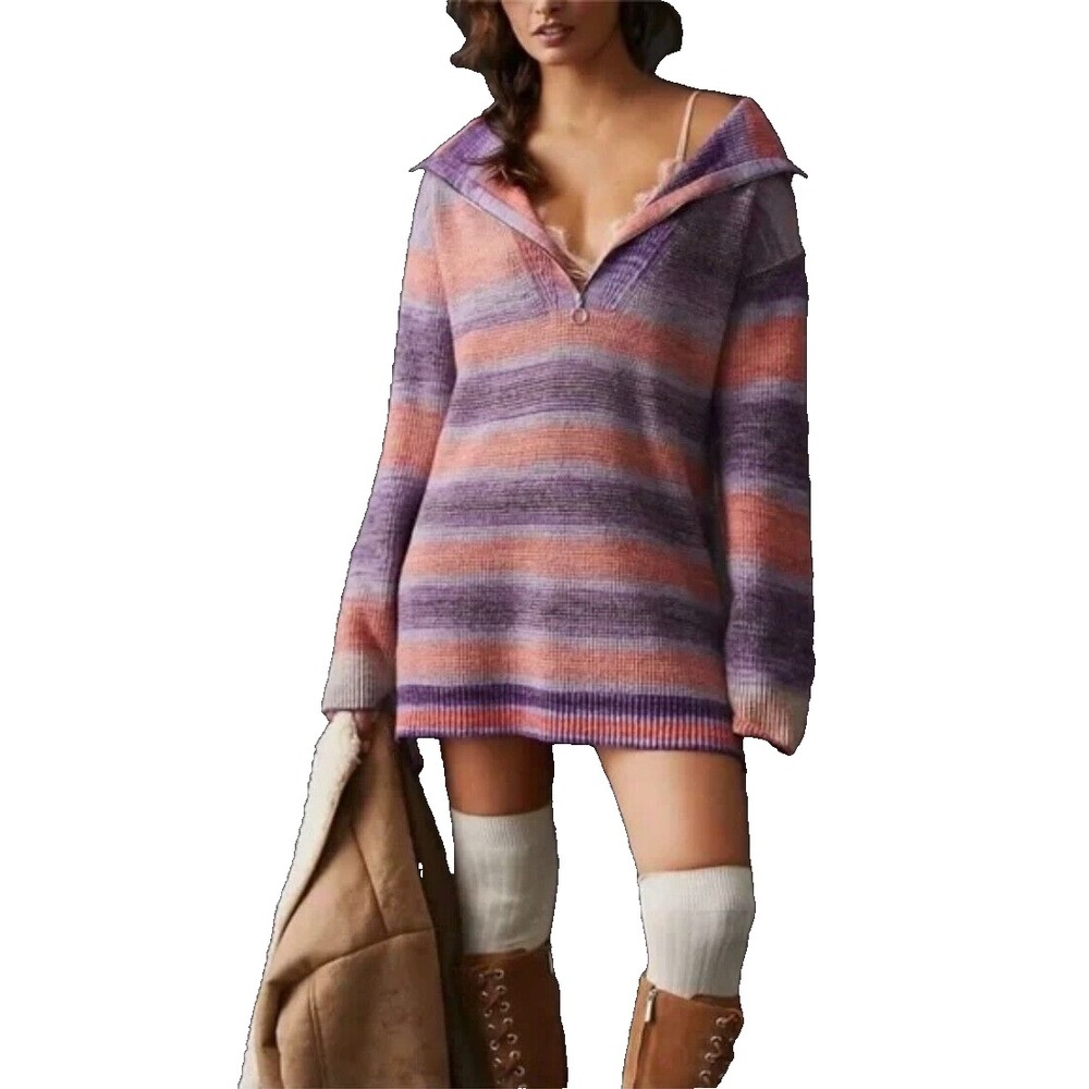 Anthropologie Daily Practice Franconia Half Zip Sweater Tunic Small Purple Strpe